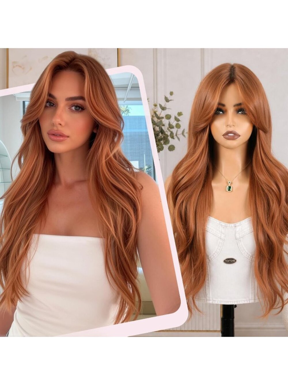 24 Inch Women's Fashion Ginger Soft Long Synthetic Wavy Curly Wig with Bangs